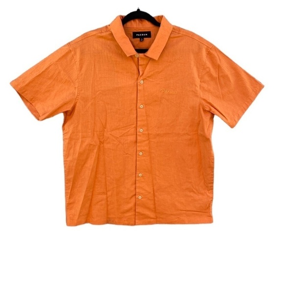Pacsun Orange Embroidered Logo Linen Blend Short Sleeve Button Camp Shirt Sz L - Picture 1 of 8